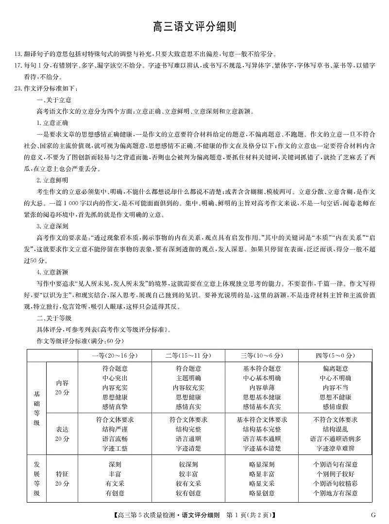 语文评分细则-第5次质量检测（G）第1页