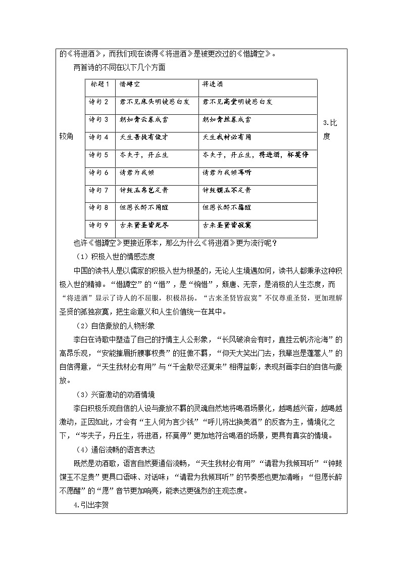 统编版高中语文 选修上册4.3将进酒》 表格式教案第2页
