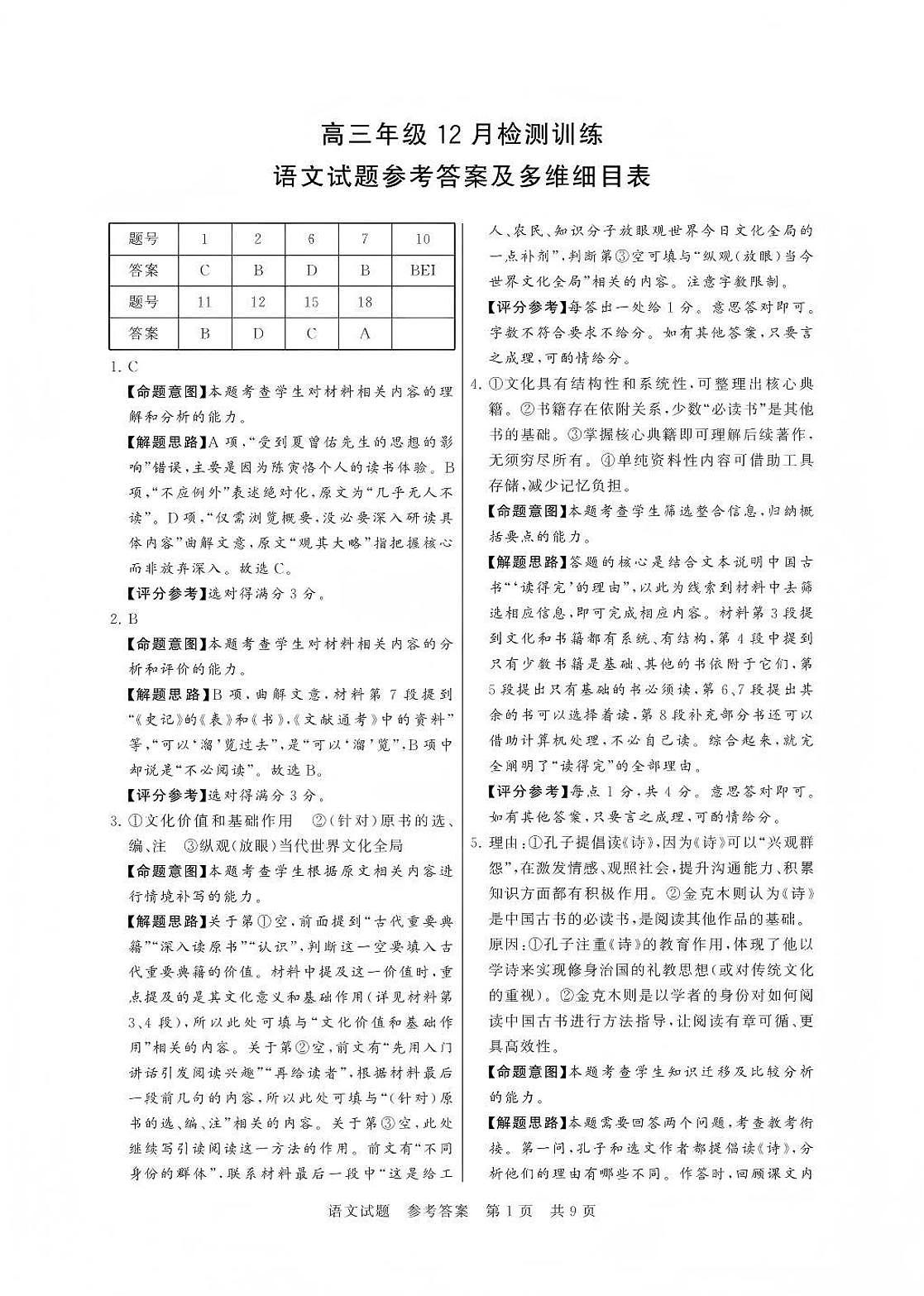 2026届八省联考（T8联考）语文答案第1页