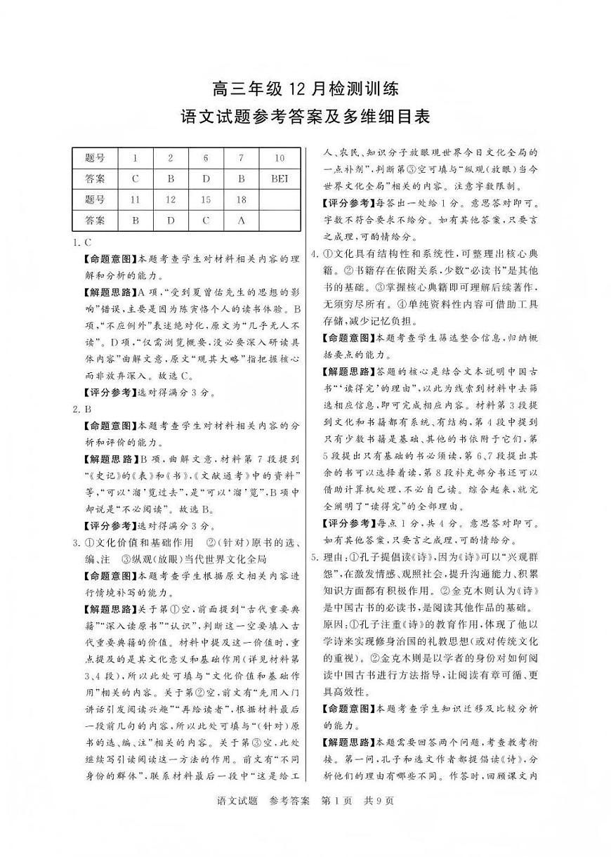 2026届八省联考（T8联考）语文答案第1页