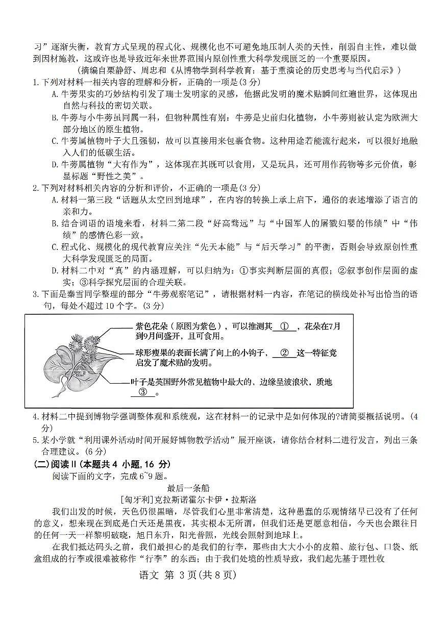 2026届浙江强基高三上学期1月语文试题无答案第3页