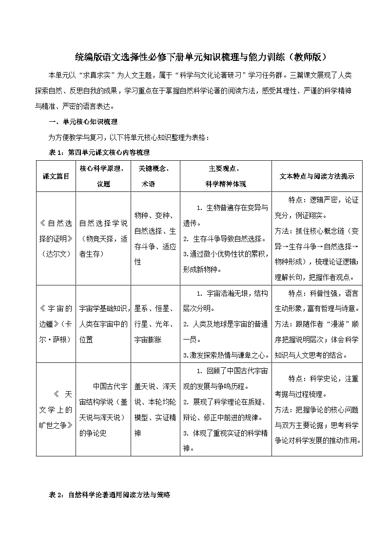 2026年统编版语文选择性必修下册第四单元知识梳理与能力训练（教师版）第1页