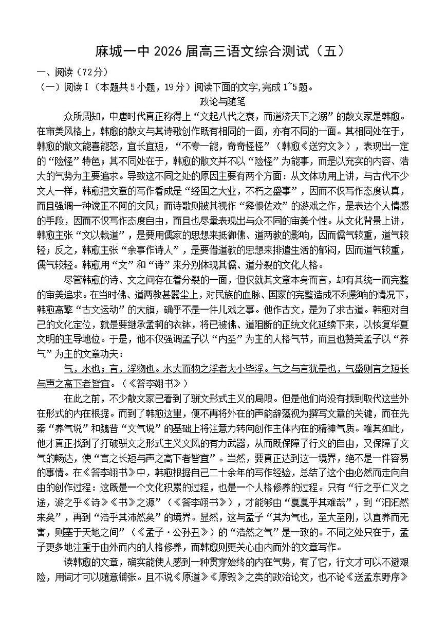 湖北省黄冈市麻城市第一中学2025-2026学年高三上学期综合测试五语文试题（含答案）第1页