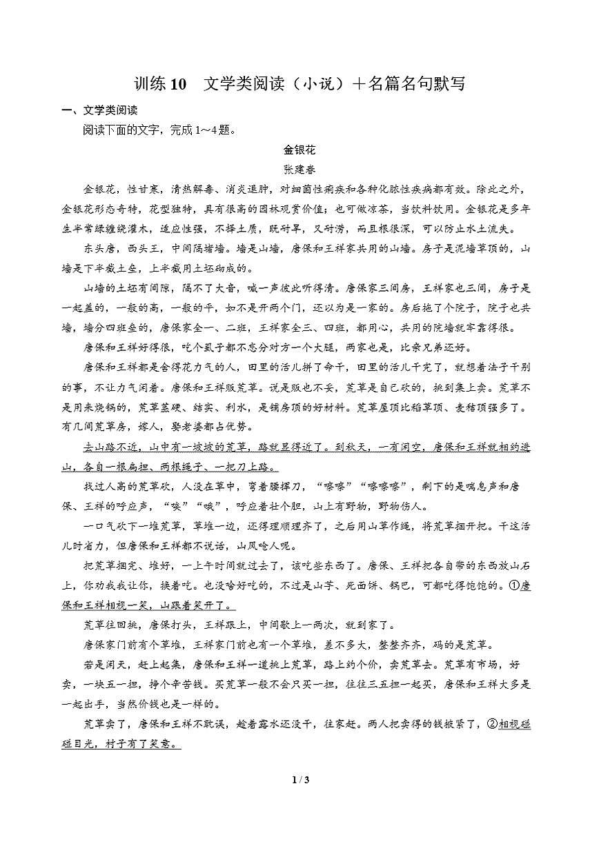 高三语文大二轮专题复习 巩固提升练10 文学类阅读（小说）＋名篇名句默写第1页