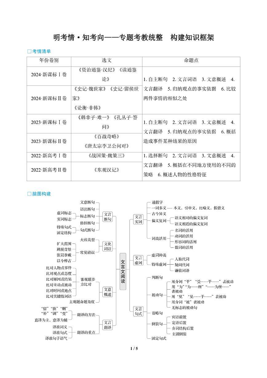 高三语文大二轮专题复习 专题三 文言文阅读 明考情·知考向——专题考教统整 构建知识框架 教师讲义第1页
