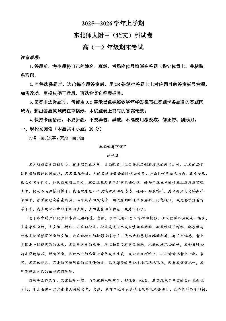 吉林省长春市东北师范大学附属中学2025-2026学年高一上学期期末练习语文试题（含答案）（含解析）第1页