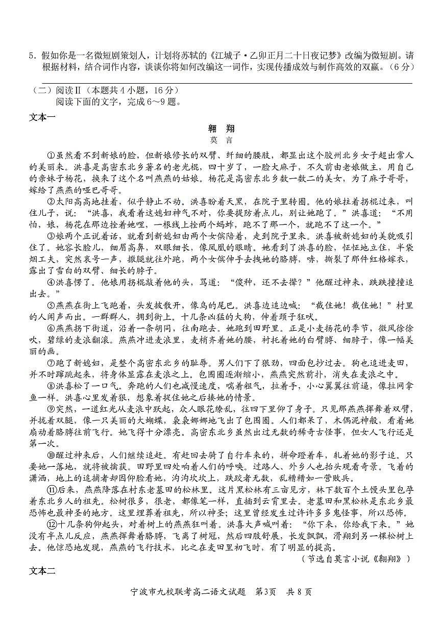 语文-浙江省宁波九校联盟2025学年第一学期高二年级期末联考试卷及答案第3页