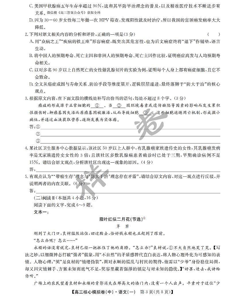 2026年九师联盟核心一高三上学期期末语文试题无答案第3页