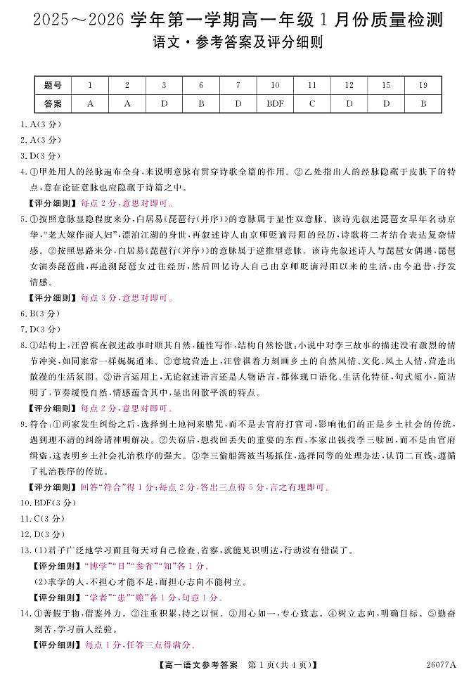 河北省石家庄市（藁城、新乐、晋州、无极、赵县、高邑、平山）七县2025-2026学年高一上学期1月联考语文试题评分细则-语文第1页