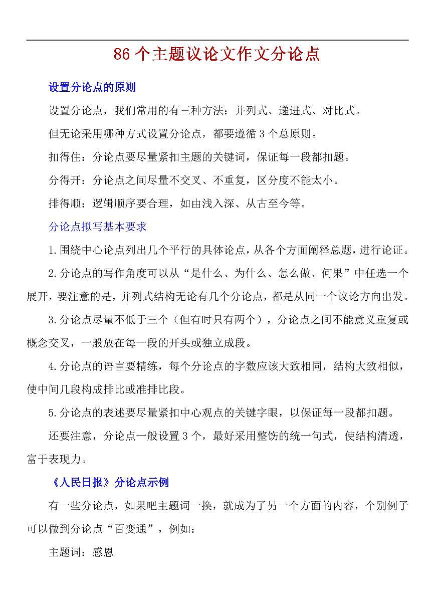 高中语文高考一轮 复习语文86个主题议论文作文分论点知识清单（共22页）第1页