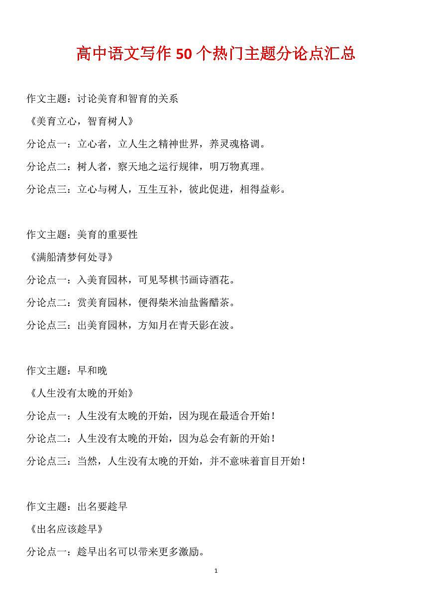 高中语文写作50个热门主题分论点汇总知识清单（共17页）第1页