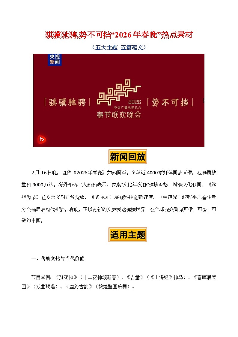 骐骥驰骋,势不可挡——2026年春晚热点素材-2026年高考语文热点作文素材解读与讲练（全国通用）第1页