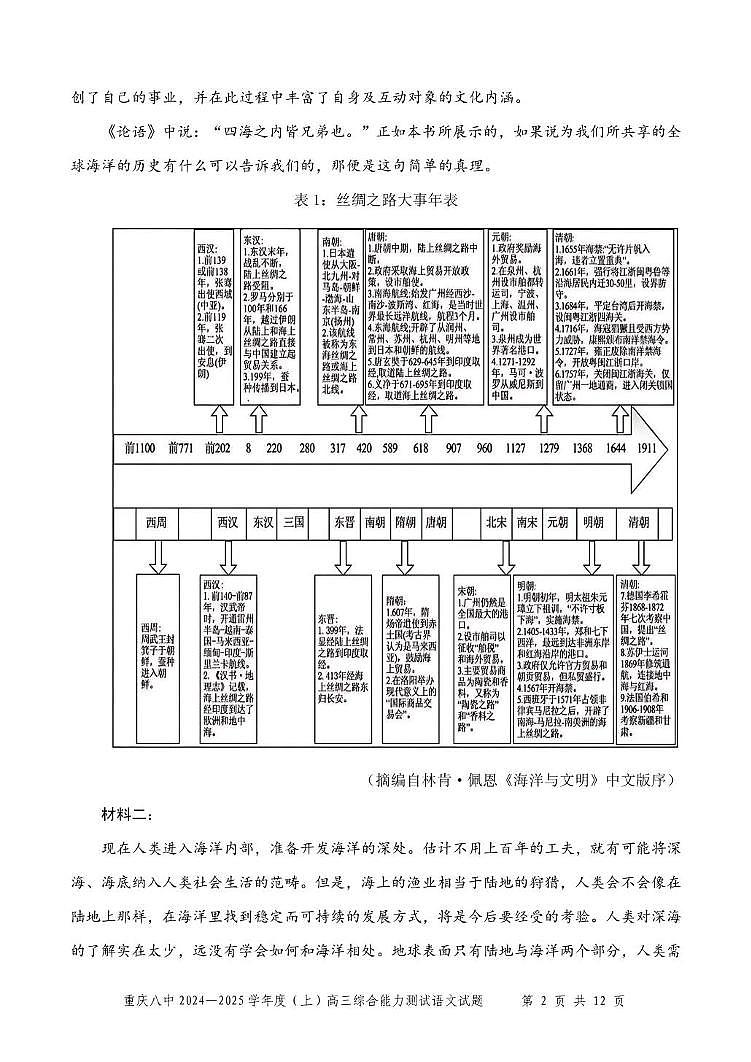 重庆八中 2024—2025学年度（上）高三综合能力测试  语文试卷第2页