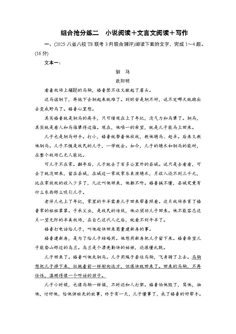 2026届高三语文二轮复习讲义：第二部分　攻坚决胜　组合抢分练二　小说阅读＋文言文阅读＋写作(含解析）第1页