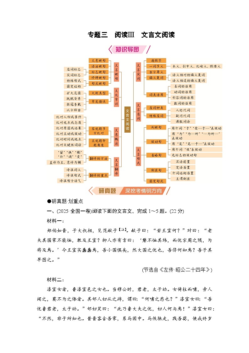 2026届高三语文二轮复习讲义：第一部分　考点精讲　专题三　阅读Ⅲ　文言文阅读(含解析）第1页