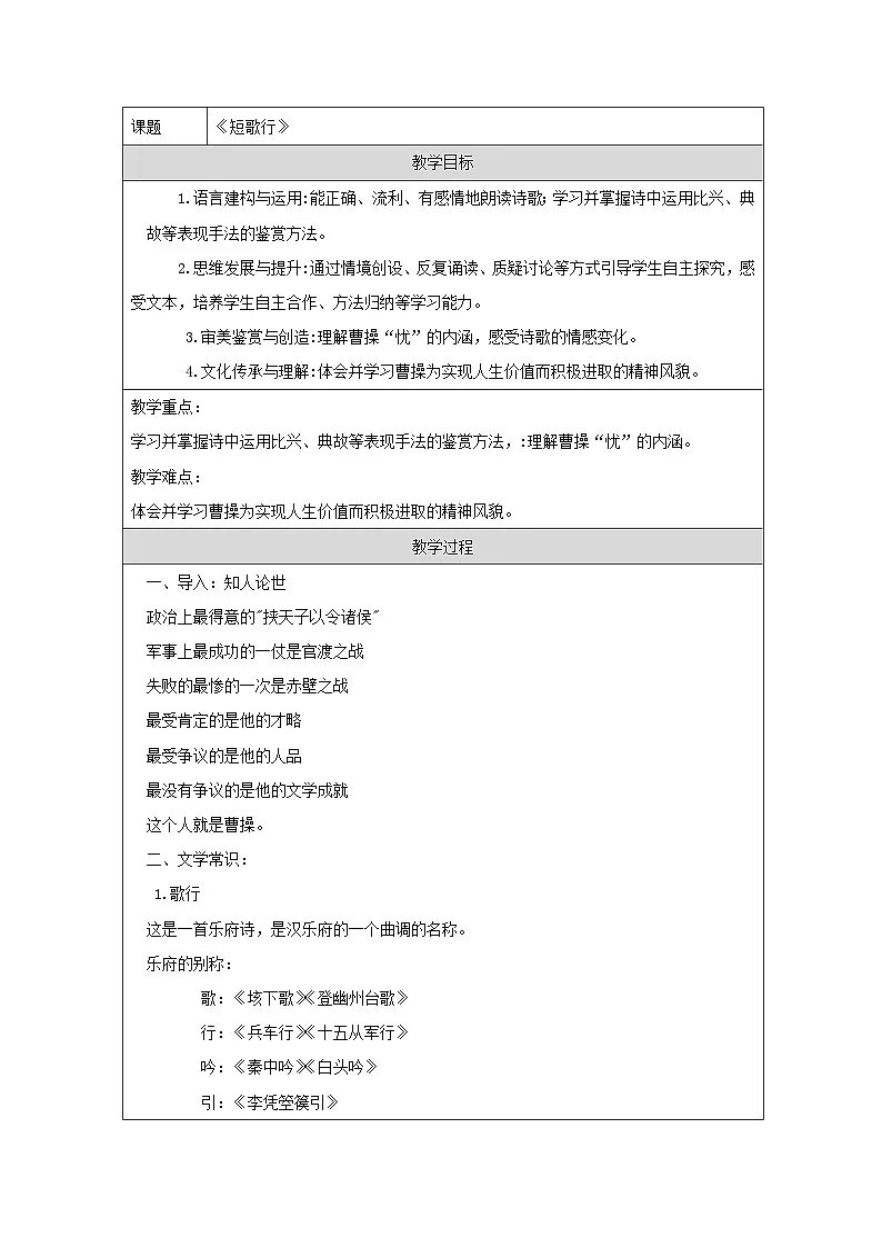统编版高中语文必修上册 7.1 短歌行 教学设计第1页