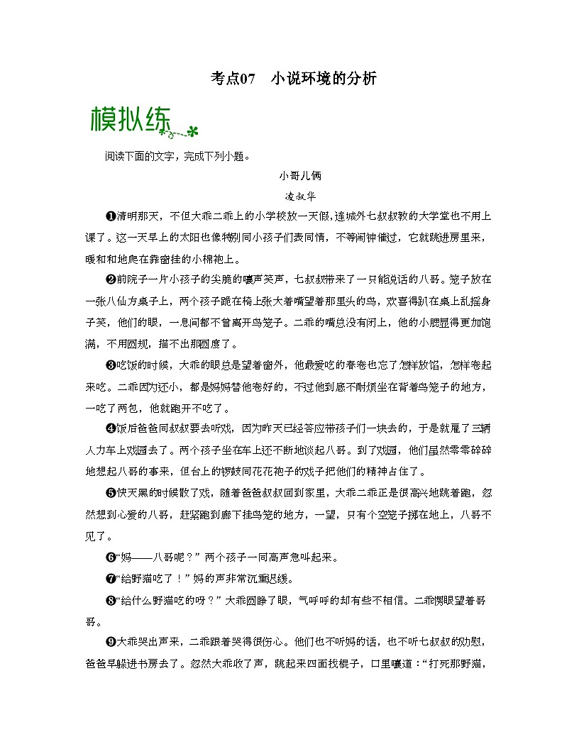 高考语文一轮复习考点检测考点07  小说环境的分析（解析版）第1页