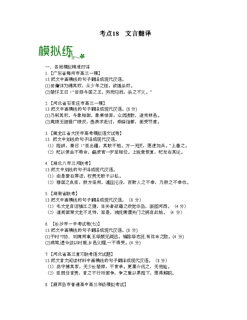 高考语文一轮复习考点检测考点18 文言翻译（解析版）第1页