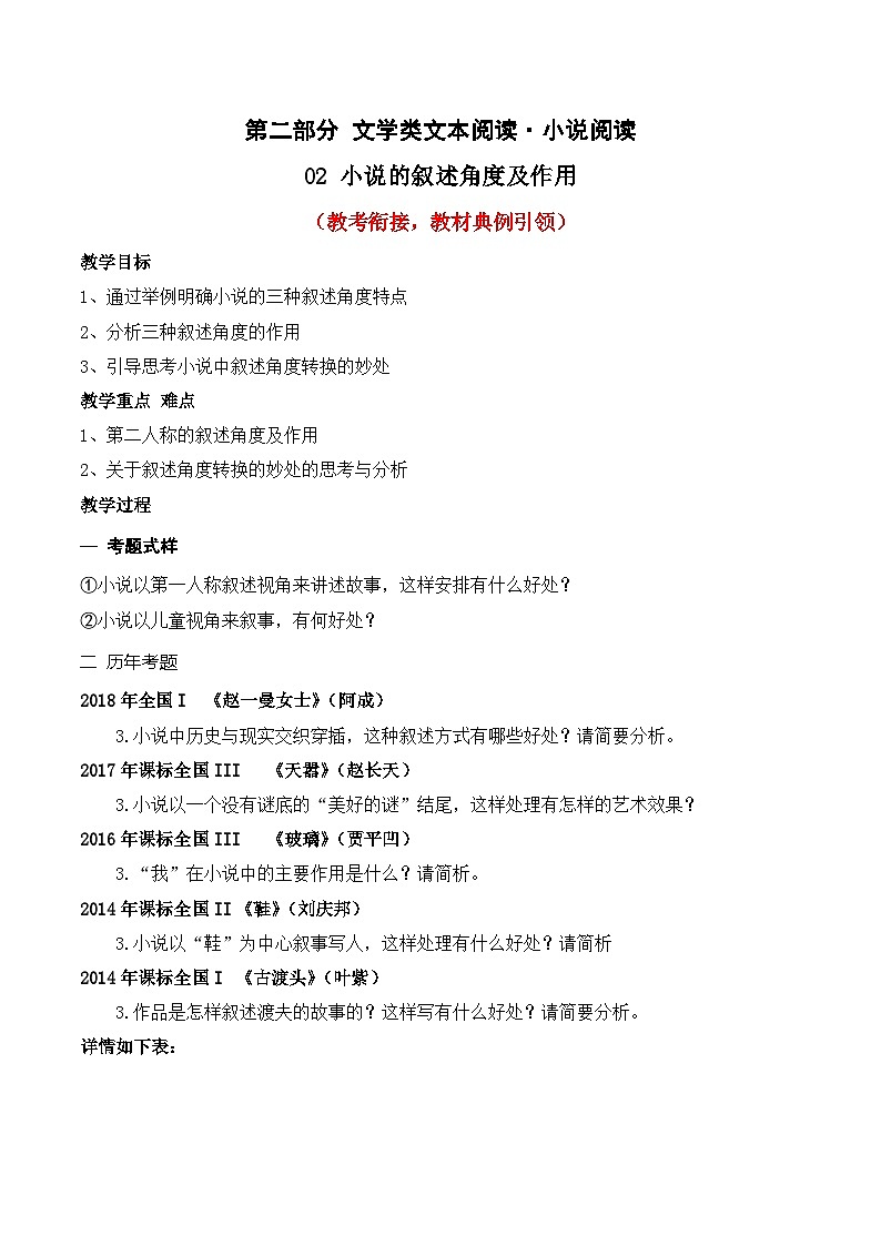高考语文一轮复习 文学类文本阅读 讲与练02 小说的叙述视角（教考衔接）第1页