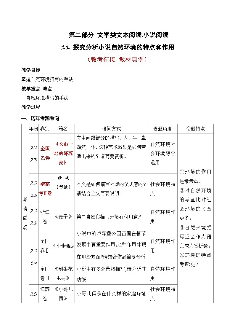 高考语文一轮复习 文学类文本阅读 讲与练11 小说自然环境描写的手法和作用（教考衔接 教材典例）第1页