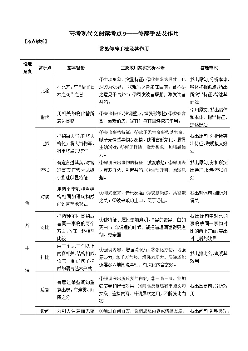 高考语文二轮专题复习 现代文阅读考点讲练 考点9 修辞手法及作用（解析版）第1页