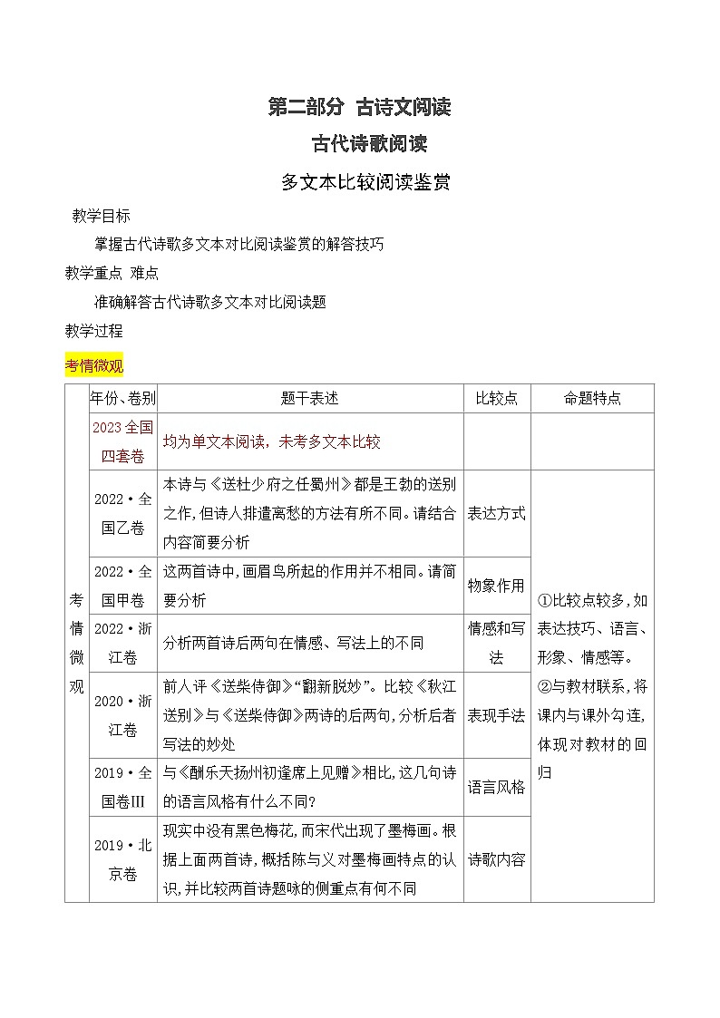 高考语文一轮复习古代诗歌阅读与默写学案13 古代诗歌多文本比较阅读鉴赏（含答案）第1页
