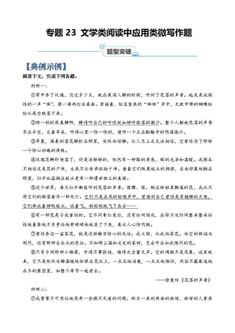专题23 文学类阅读中应用类微写作题-2024年高考语文毕业班二轮热点题型归纳与变式演练（上海专用）（原卷版）第1页