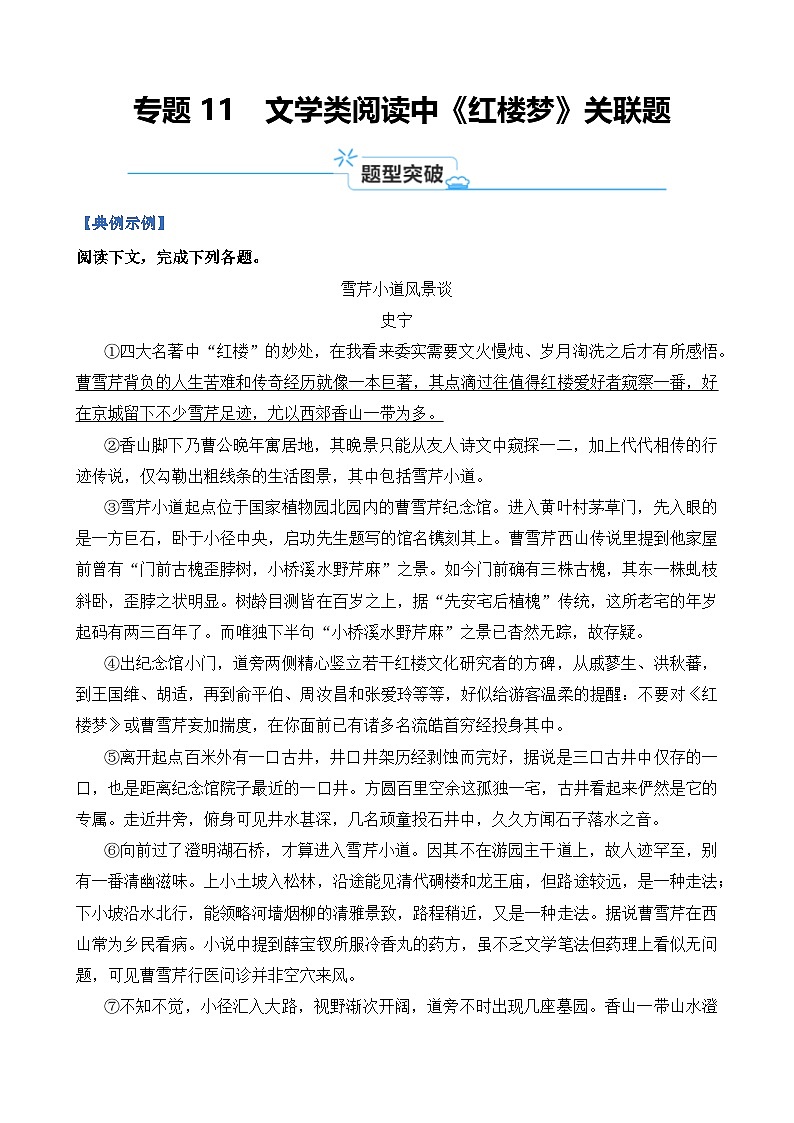 专题11  文学类阅读中《红楼梦》关联题-2024年高考语文二轮热点题型归纳与变式演练（上海专用）（原卷版）第1页