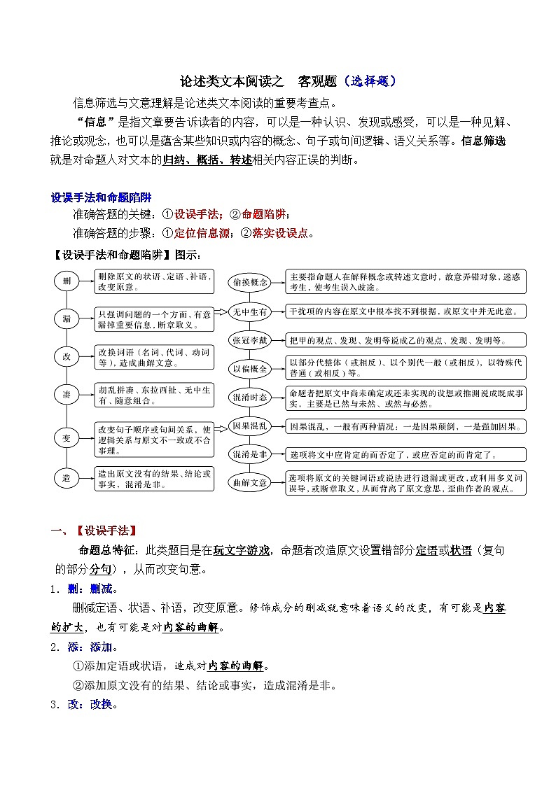 高考语文二轮复习知识讲解与突破训练 论述类文本阅读4 选择题之设误手法和命题陷阱（知识讲解）第1页