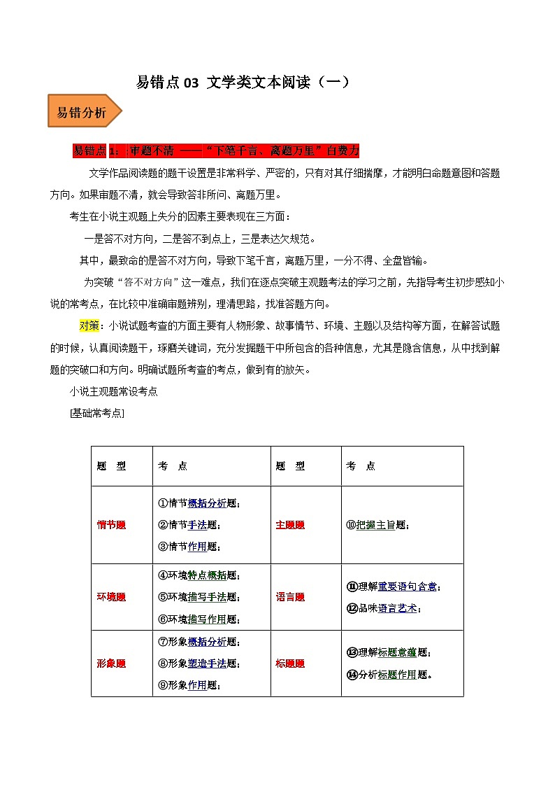 高考语文二轮复习 易错题练习易错点03  文学类文本阅读（一）（解析版）第1页