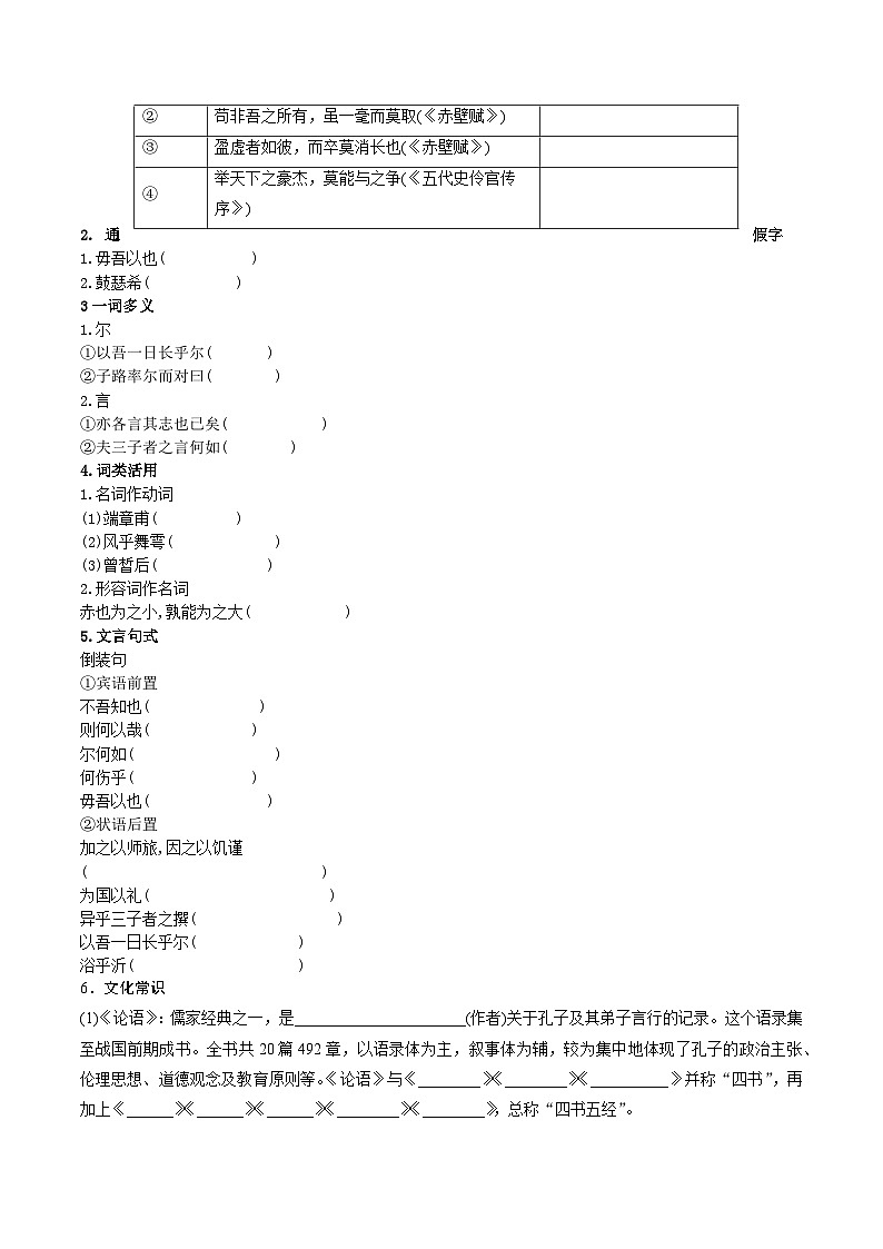 高考语文一轮复习 课内文言文挖空训练《子路、曾皙、冉有、公西华侍坐》（原卷版）第3页