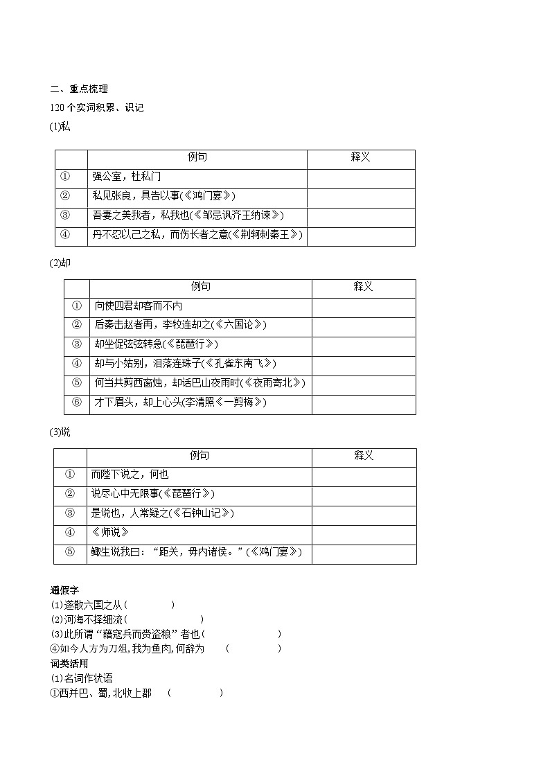 高考语文一轮复习 课内文言文挖空训练《谏逐客书》（原卷版）第2页