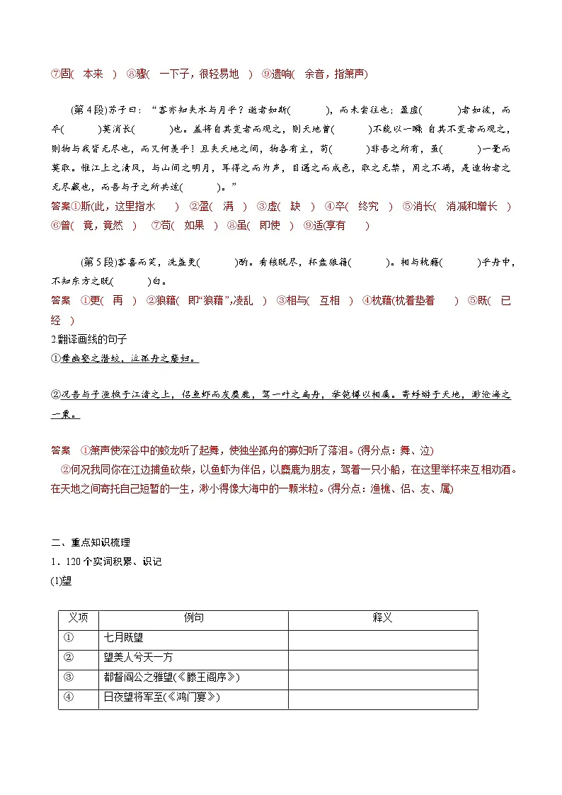 高考语文一轮复习 课内文言文挖空训练《赤壁赋》（解析版）第2页