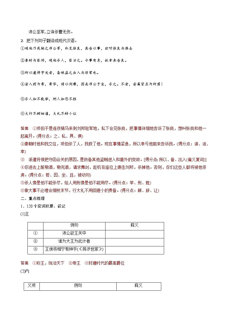 高考语文一轮复习 课内文言文挖空训练《鸿门宴》（解析版）第3页
