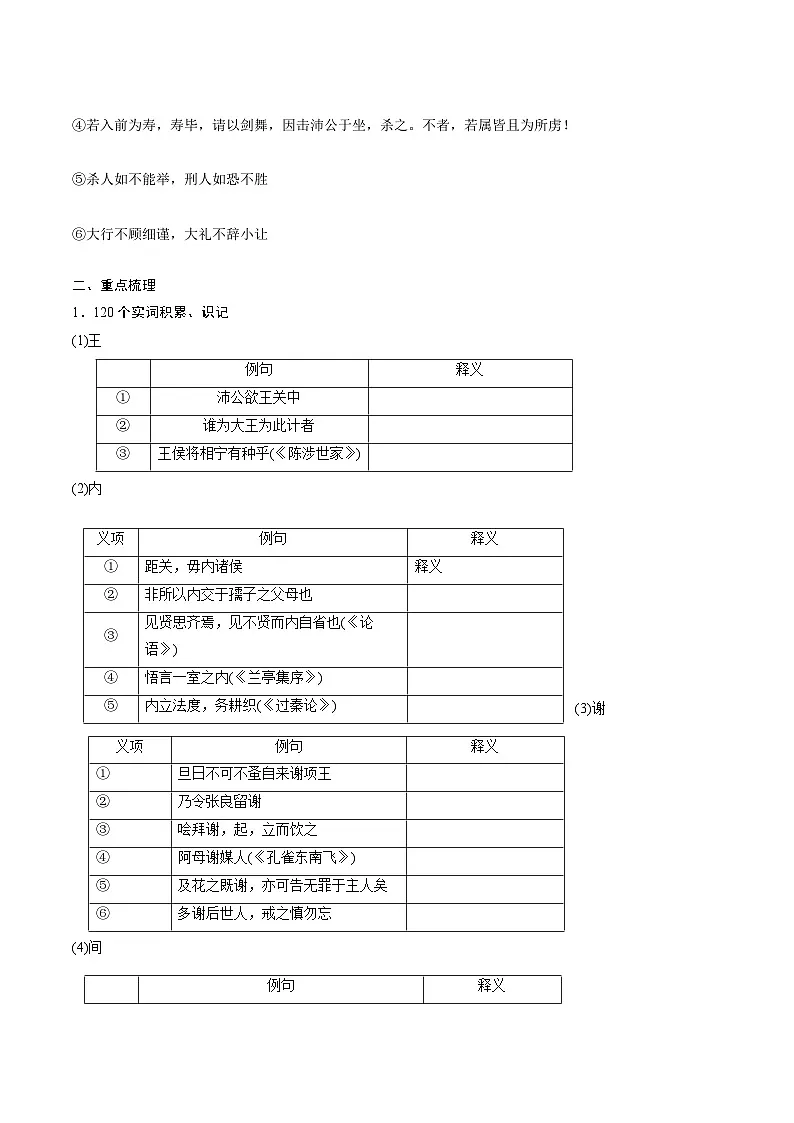 高考语文一轮复习 课内文言文挖空训练《鸿门宴》（原卷版）第3页
