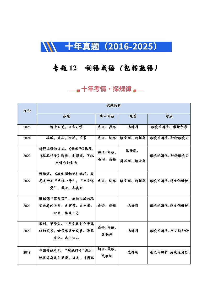 高考语文二轮专题训练-词语成语（包括熟语）（全国通用）（教师版）第1页