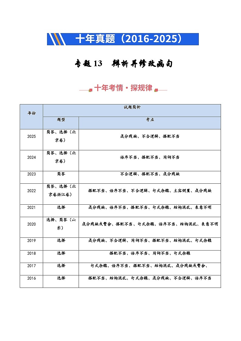 高考语文二轮专题训练-辨析并修改病句（全国通用）（学生版）第1页