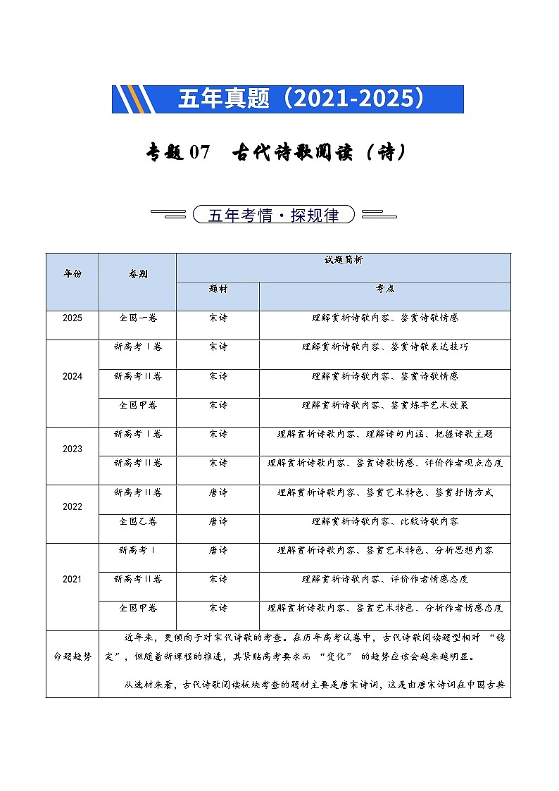 高考语文二轮专项训练-古代诗歌阅读（诗）（全国通用）（学生版）第1页