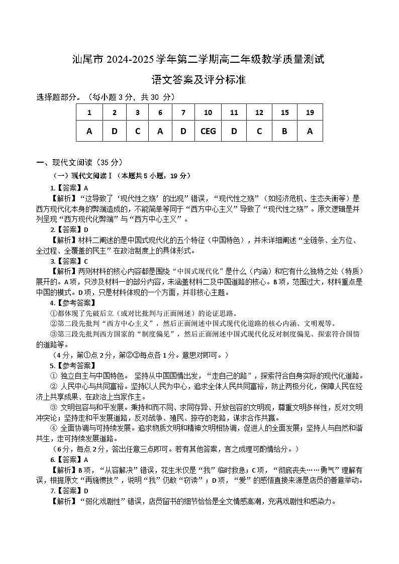 2024-2025年度第二学期高二年级教学质量测试 语文答案及评分标准第1页