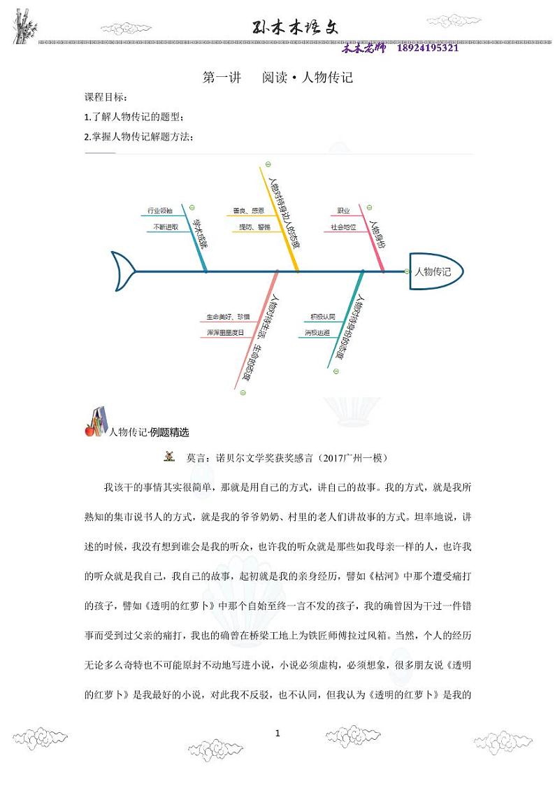 阅读理解（传记、散文、非连、小说）指导 教师版 试卷01