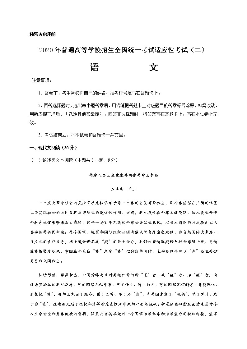 2020年普通高等学校招生全国统一考试适应性考试（二）语文试题01