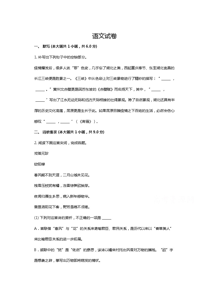 安徽省安庆市桐城市2020届高三考试语文试卷第1页