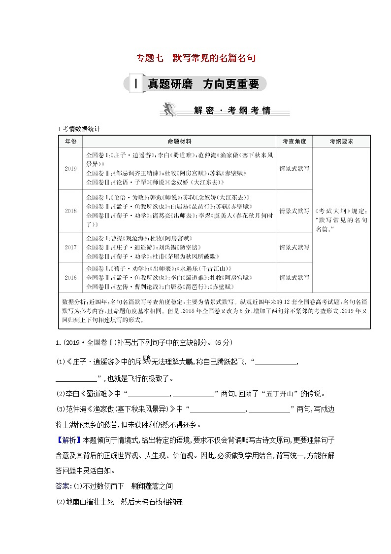 （通用版）2021版高考语文一轮复习专题七默写常见的名篇名句练习（含解析）新人教版01