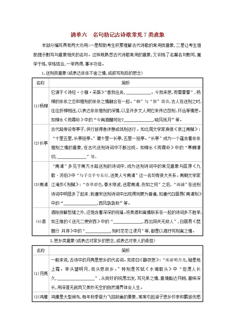 2021版高考语文一轮复习清单六名句助记古诗歌常见7类意象教案01