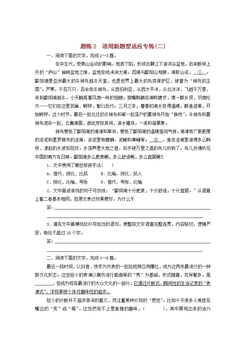 2021高考语文一轮复习专题练2语用新题型适应专练（二）（含解析）新人教版01