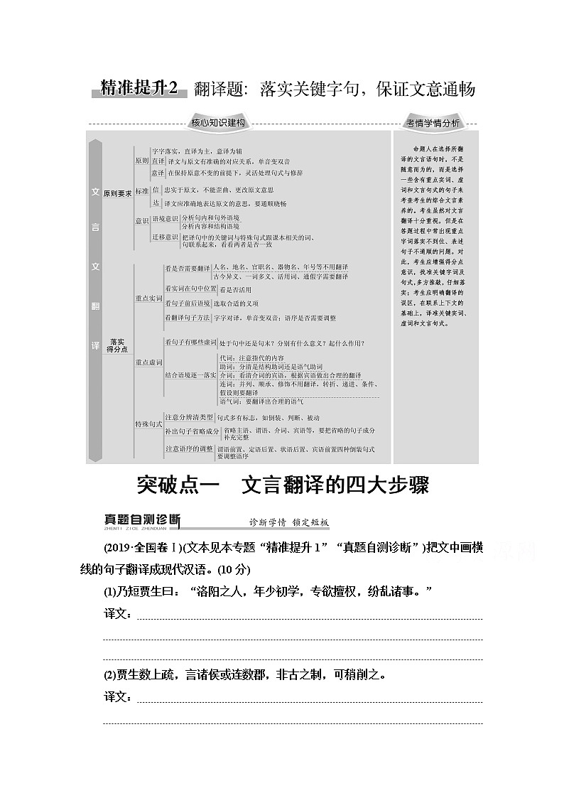 2020新课标高考语文二轮教师用书：专题5精准提升2　突破点1　文言翻译的四大步骤第1页