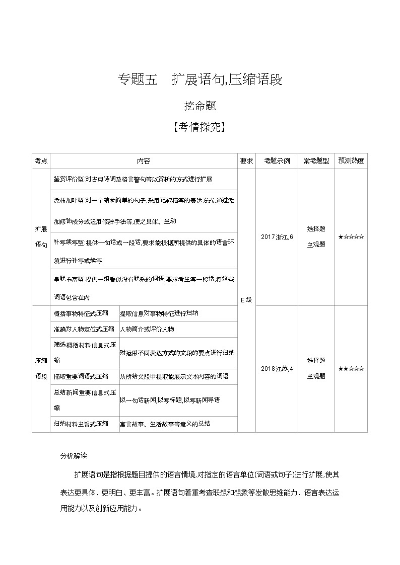 2019届高考语文二轮专题复习教案：专题五扩展语句压缩语段01