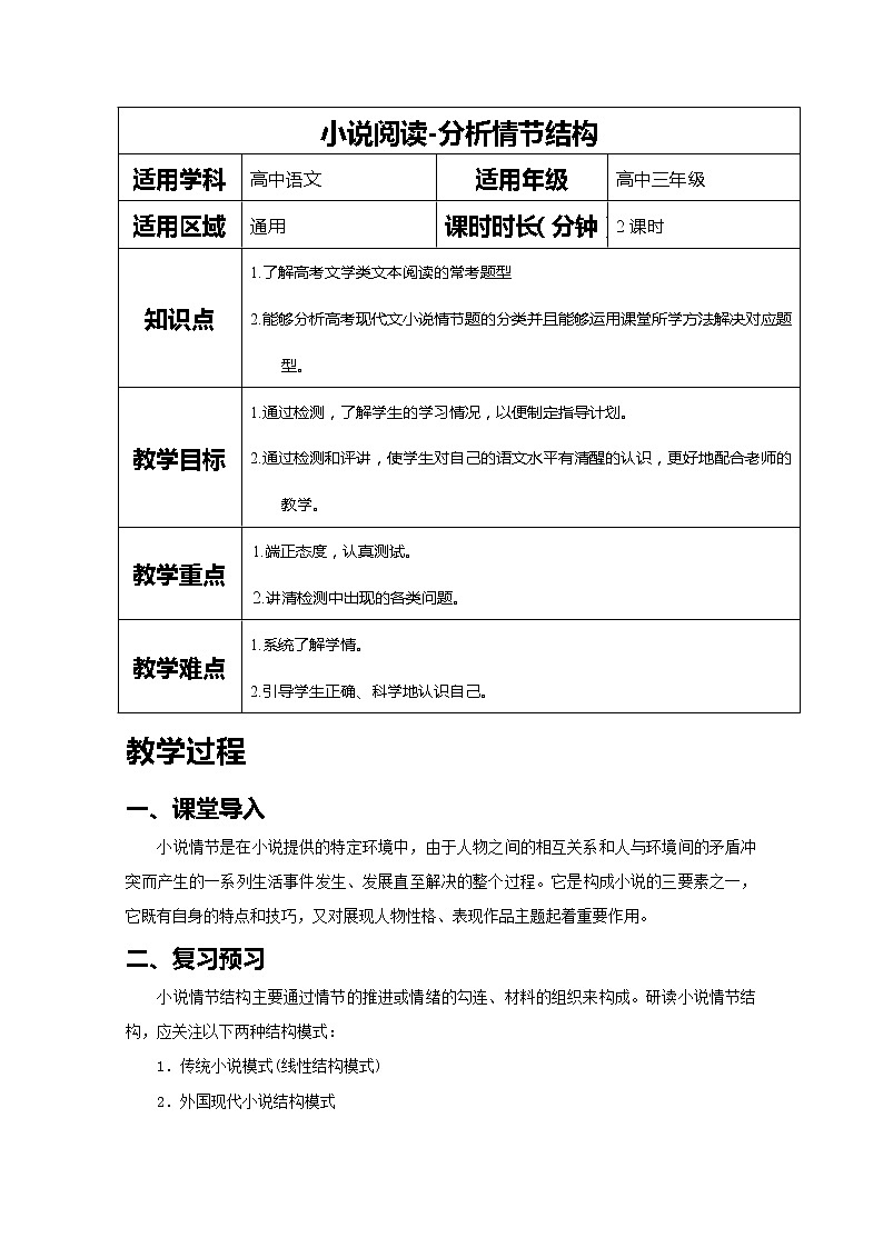 2019届人教版高三语文二轮复习专题教案：小说阅读-分析情节结构-教案Word版第1页