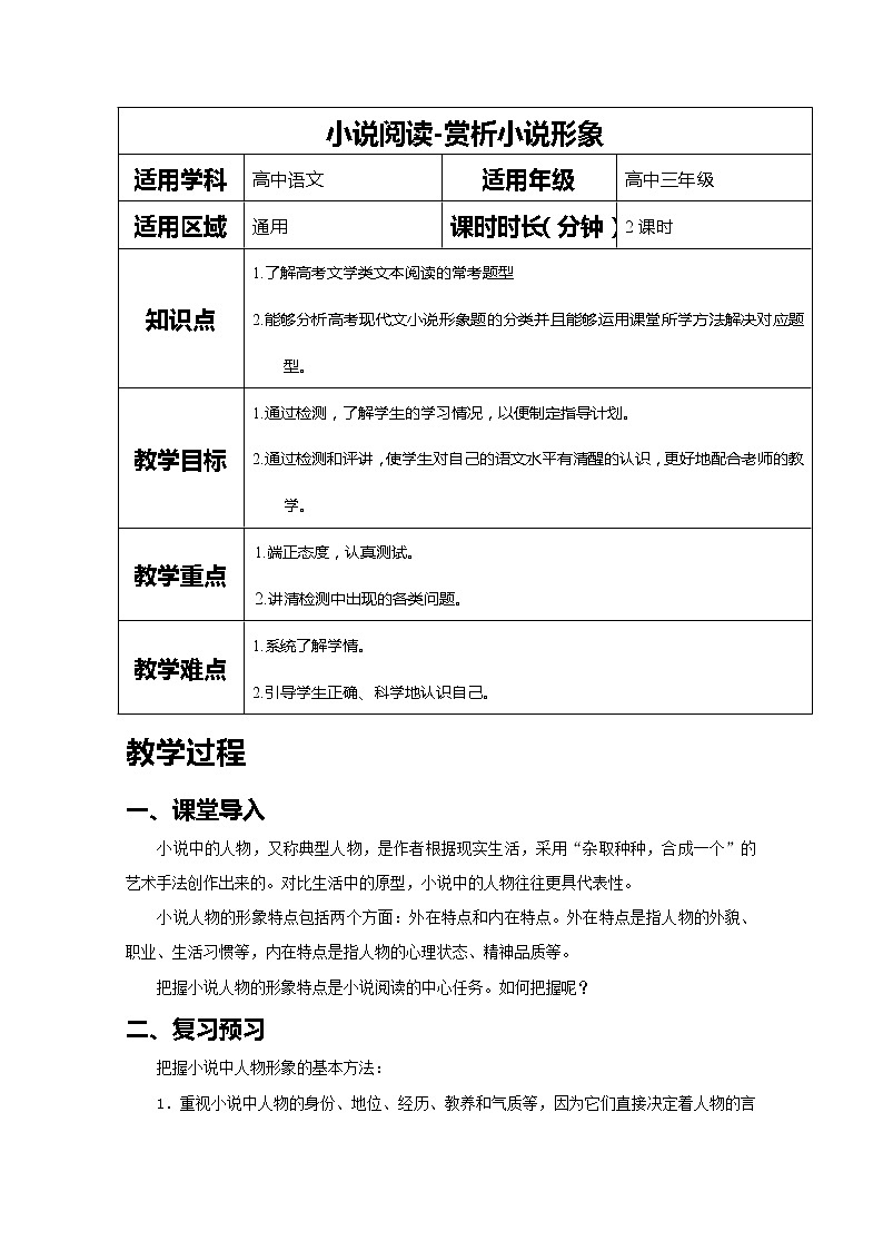 2019届人教版高三语文二轮复习专题教案：小说阅读-赏析小说形象-教案Word版01