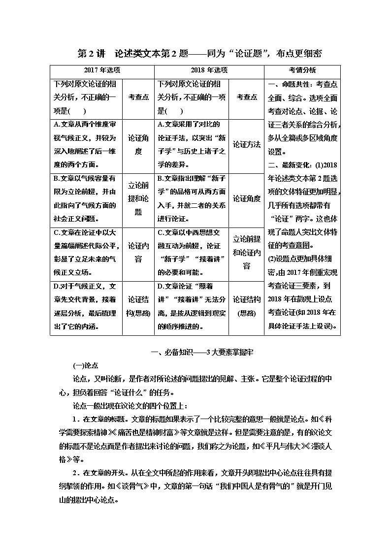 2020版高考一轮复习语文新课改省份专用学案：第二板块专题一第2讲　论述类文本第2题——同为“论证题”布点更细密第1页